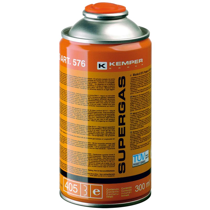 Баллон с газом KEMPER 576 SUPERGAS(резьб. бал, 300мл/175гр,Бутан70/Пропан30%, темп 1900/2850С) Баллон с газом KEMPER 576 SUPERGAS(резьб. бал, 300мл/175гр,Бутан70/Пропан30%, темп 1900/2850С)<br>Бренд: KEMPER; Модель: 576; Код производителя: 576; Назначение: Для газовых горелок; Соединение: Резьбовое; Тип баллона: Одноразовый; Состав газа: Смесь бутан 70% и пропан 30%; Резьба: 7/16 ; Объем баллона: 405 мл; Температура пламени: 1900 °С; Температура пламени с использованием кислорода: 2850 °С; Родина бренда: Италия; Страна производитель: Италия; Вес: 0.175 кг;