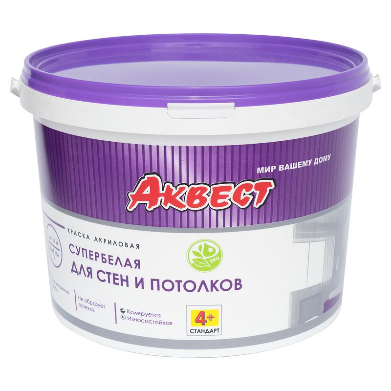 

Краска Аквест 4+ Стандарт для стен и потолков супербелая 25кг, Белый