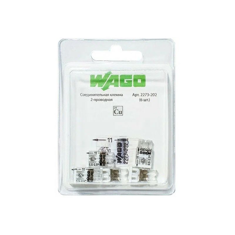 

Клемма соединительная для быстрого монтажа WAGO 2273-202 2-х проводная (0,5-2,5мм²) 450В, 24А, без пасты, 6 шт. в блистере, Белый
