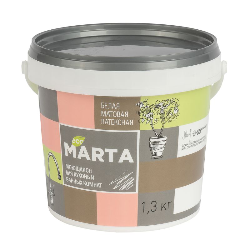 

Краска для кухонь и ванных комнат MARTA ECO, белая, 1,3кг, Белый