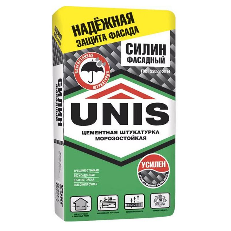 

Штукатурка цементная UNIS Силин Фасадный 25 кг, Серый