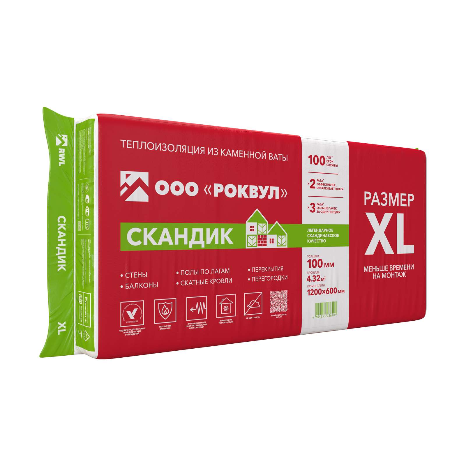 Утеплитель Rockwool Лайт Баттс Скандик XL 32 кг/м³ 36λ (1200х600х100мм) 6 шт/уп