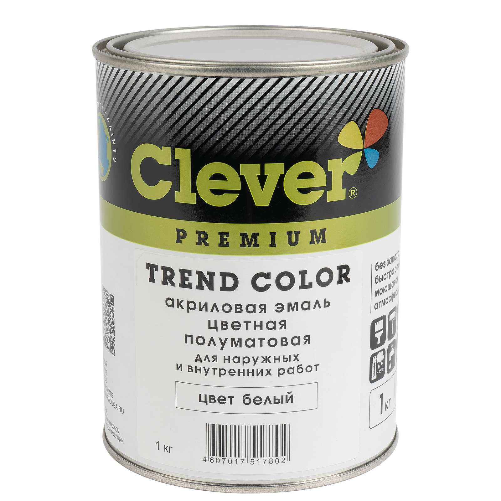 Эмаль акриловая Clever белая полуматовая, 1кг