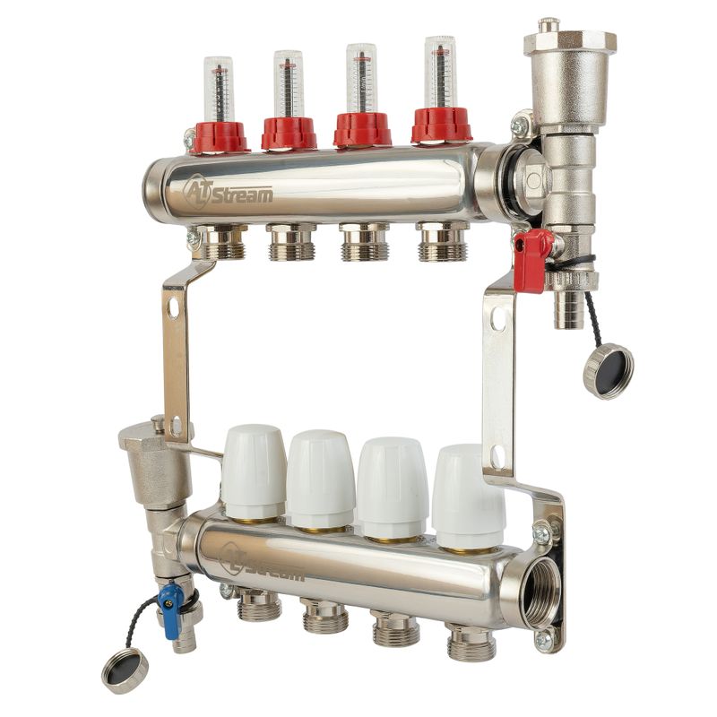 Коллекторная группа 1" - 4вых.(с расходомерами , дренаж. краном и воздухоотвод) евроконус 3/4" Altstream