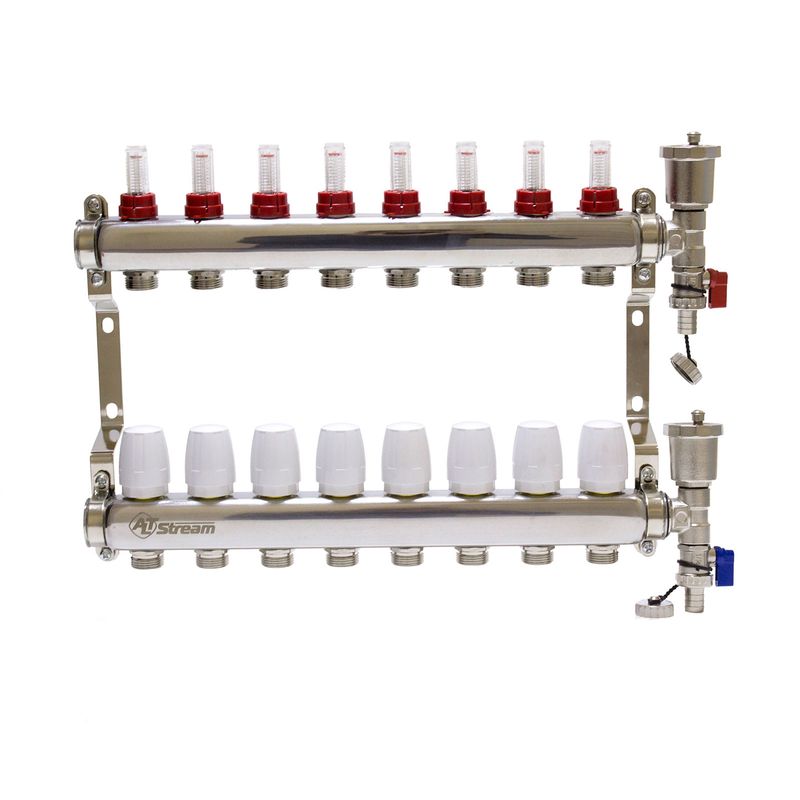 Коллекторная группа 1" - 8вых.(с расходомерами , дренаж. краном и воздухоотвод) евроконус 3/4" Altstream
