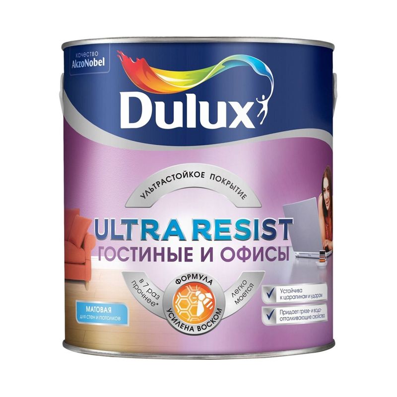 фото Краска гостиные и офисы dulux ultra resist матовая bc, 2,25 л