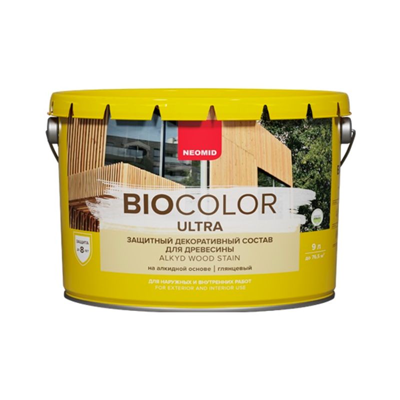 Защитный декоративный состав для древесины Neomid Bio color ultra бесцветный, 9 л