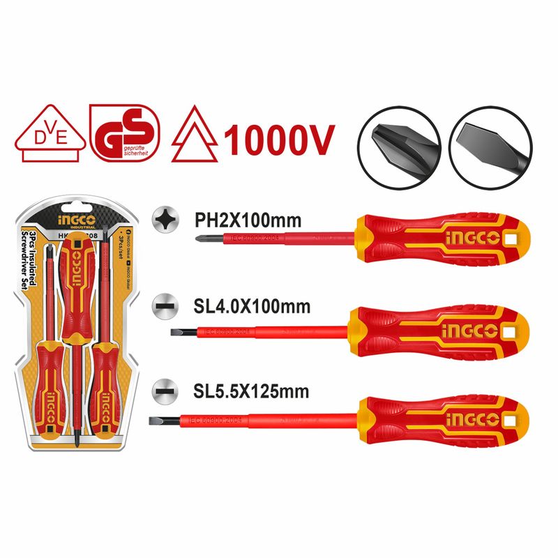фото Набор изолированных отверток ingco industrial hkisd030, 3 шт