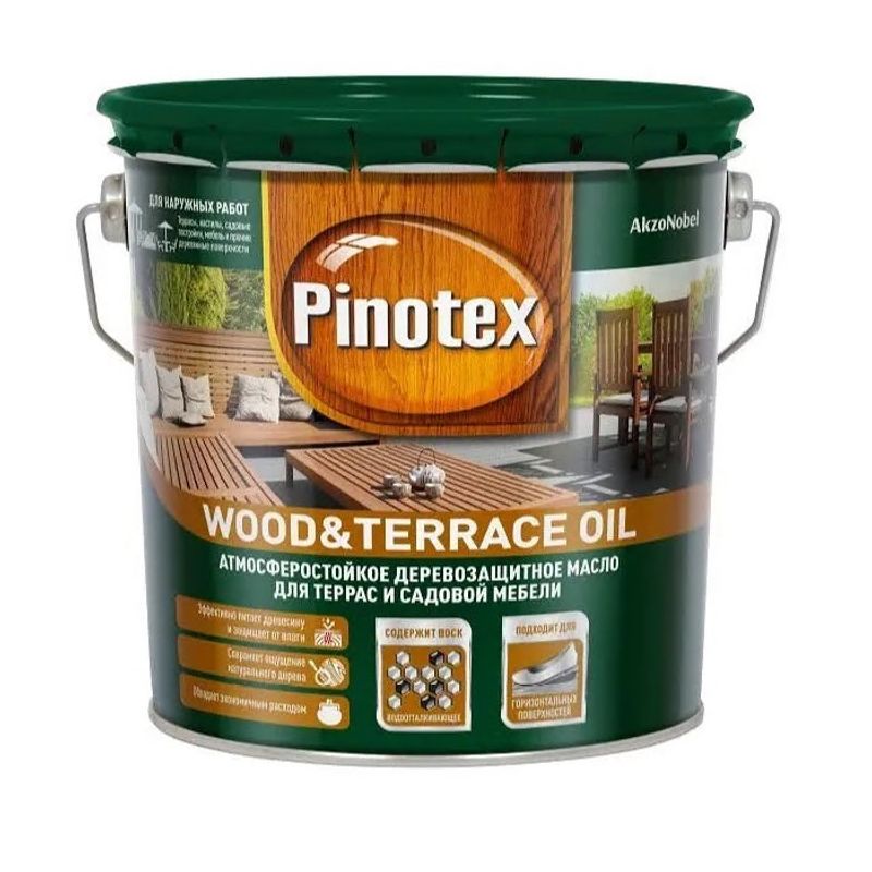 фото Масло деревозащитное pinotex wood & terrace oil для террас и садовой мебели, бесцветный 2,7 л