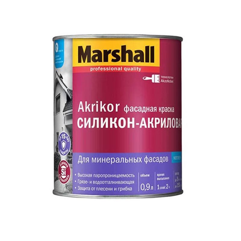 фото Краска силикон-акриловая marshall akrikor фасадная матовая база bс 0,9 л