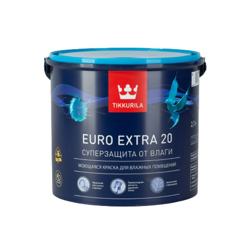 Краска для кухонь и ванных Tikkurila Euro Extra 20 полуматовая база A 2,7 л